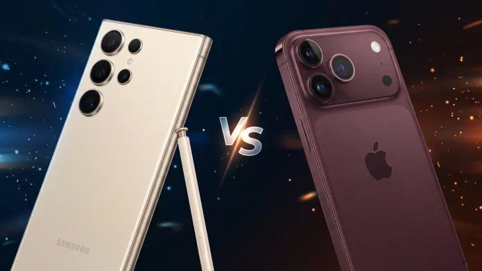 Comparativa visual de los módulos de cámara y el diseño posterior del Samsung Galaxy S26 Ultra y el iPhone 18 Pro Max. / Foto generada por IA a través de imágenes oficiales de Samsung y Apple.
